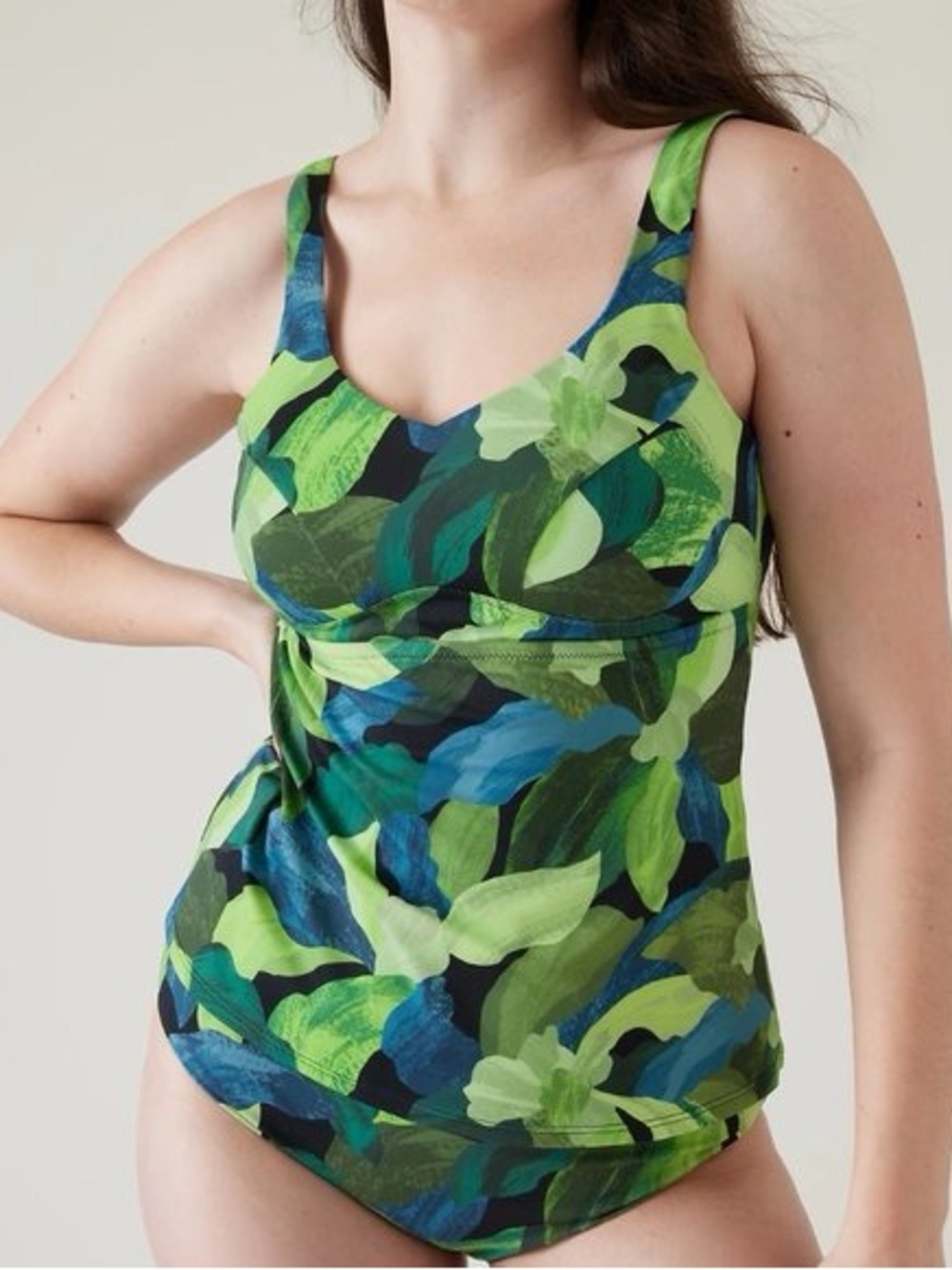 Athleta Green & Blue Leafy Print Bondi Bra Tankini Swimsuit Set Large 38 D/DD